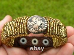 Cuff bracelet authentic Ancient Roman coin genuine Bison leather glass bead