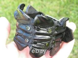 Cuff bracelet genuine black Alligator Crocodile horn Bison leather adjustable