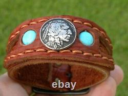 Cuff genuine Bison leather bracelet 1937 Buffalo Indian Nickel coin turquoise