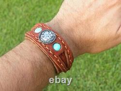 Cuff genuine Bison leather bracelet 1937 Buffalo Indian Nickel coin turquoise