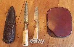 Custom Hand-Made Damascus Steel Knife Set with Sheaths & Bison-Mammoth Handles