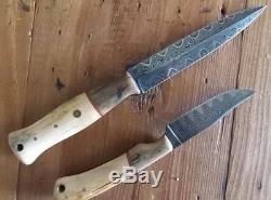 Custom Hand-Made Damascus Steel Knife Set with Sheaths & Bison-Mammoth Handles