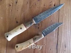 Custom Hand-Made Damascus Steel Knife Set with Sheaths & Bison-Mammoth Handles