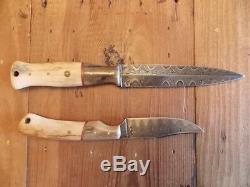 Custom Hand-Made Damascus Steel Knife Set with Sheaths & Bison-Mammoth Handles