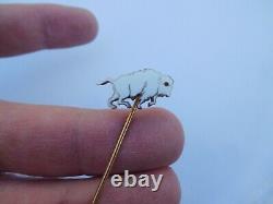 Deco Vintage Native American 14K Gold Enamel White Buffalo Bison Stick Pin