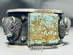 Double Bison Heavy Natrive American #8 Turquoise Sterling Silver Bracelet