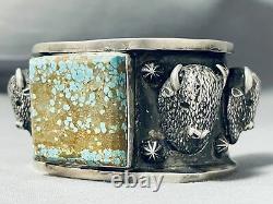 Double Bison Heavy Natrive American #8 Turquoise Sterling Silver Bracelet