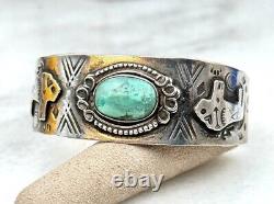 Early Fred Harvey antique Navajo Sterling silver Bison Arrow Cuff bracelet 6.25