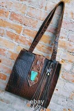 Eternal Perspective Bison /Crocodile Leather Tote Bag with Turquoise Slab Tassel