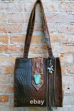 Eternal Perspective Bison /Crocodile Leather Tote Bag with Turquoise Slab Tassel