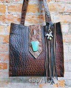 Eternal Perspective Bison /Crocodile Leather Tote Bag with Turquoise Slab Tassel