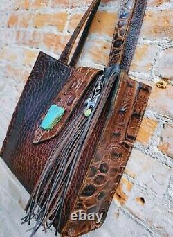 Eternal Perspective Bison /Crocodile Leather Tote Bag with Turquoise Slab Tassel