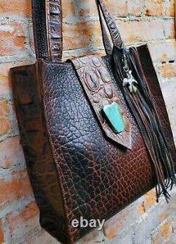 Eternal Perspective Bison /Crocodile Leather Tote Bag with Turquoise Slab Tassel