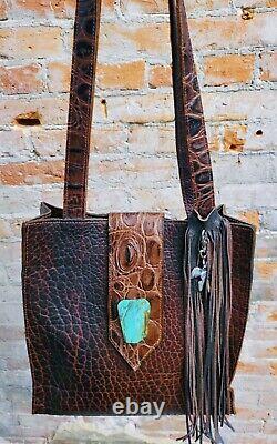 Eternal Perspective Bison /Crocodile Leather Tote Bag with Turquoise Slab Tassel
