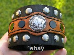 Genuine Bison leather cuff bracelet 1937 Buffalo Indian Nickel coin onyx stone