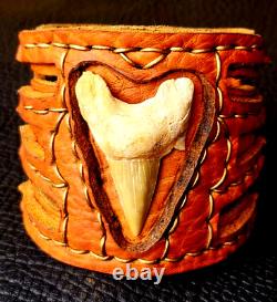 Genuine Shark fossil cuff bracelet Buffalo Bison leather customize to wrist size