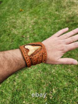 Genuine Shark fossil cuff bracelet Buffalo Bison leather customize to wrist size