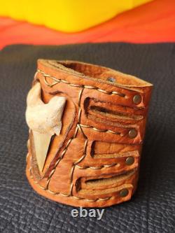 Genuine Shark fossil cuff bracelet Buffalo Bison leather customize to wrist size