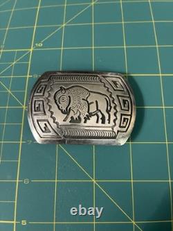 George Begay Navajo Sterling Belt Buckle Bison And Geometric Pattern Design