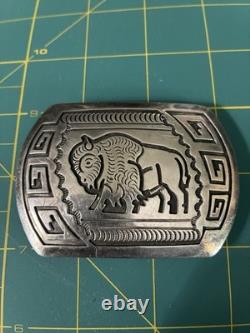 George Begay Navajo Sterling Belt Buckle Bison And Geometric Pattern Design