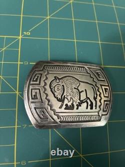 George Begay Navajo Sterling Belt Buckle Bison And Geometric Pattern Design