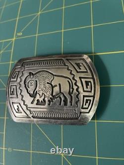 George Begay Navajo Sterling Belt Buckle Bison And Geometric Pattern Design