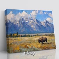 Grand Teton National Park Bison Painting Canvas Print USA Nature Wall Art Decor