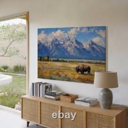 Grand Teton National Park Bison Painting Canvas Print USA Nature Wall Art Decor
