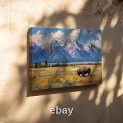 Grand Teton National Park Bison Painting Canvas Print USA Nature Wall Art Decor