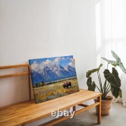 Grand Teton National Park Bison Painting Canvas Print USA Nature Wall Art Decor