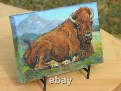 Hand painted oil painting of Buffalo / Bison cow, with metal display easel