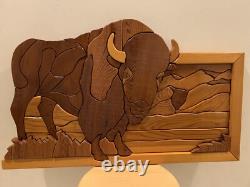 Handcrafted Bison Buffalo 3D Intarsia Multiple Woods Art Portrait Sign Plaque