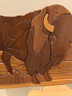 Handcrafted Bison Buffalo 3D Intarsia Multiple Woods Art Portrait Sign Plaque