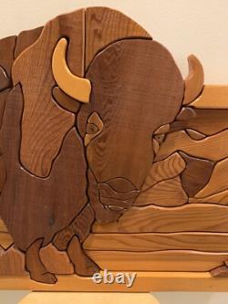Handcrafted Bison Buffalo 3D Intarsia Multiple Woods Art Portrait Sign Plaque