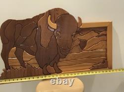 Handcrafted Bison Buffalo 3D Intarsia Multiple Woods Art Portrait Sign Plaque