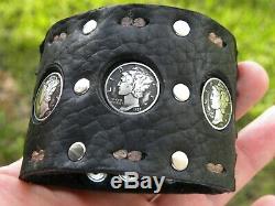 Handcrafted Cuff customize Bison leather bracelet silver Mercury dime coins
