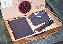 Handmade Cigar Box Gift Set Ol'Red Bison Leather Passport Wallet Key Keeper