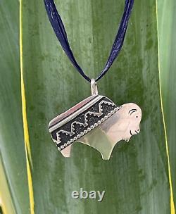 Happy Bison T. Singer Tommy Signed Navajo Overlay Pendant Sterling 9 g Buffalo