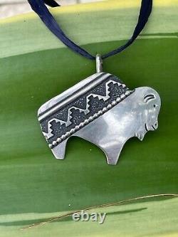 Happy Bison T. Singer Tommy Signed Navajo Overlay Pendant Sterling 9 g Buffalo