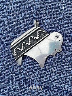 Happy Bison T. Singer Tommy Signed Navajo Overlay Pendant Sterling 9 g Buffalo