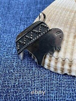 Happy Bison T. Singer Tommy Signed Navajo Overlay Pendant Sterling 9 g Buffalo