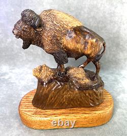 Henry Larum Plains Bison Buffalo Original Carved Wood Sculpture Western Wildlife