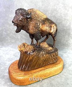 Henry Larum Plains Bison Buffalo Original Carved Wood Sculpture Western Wildlife