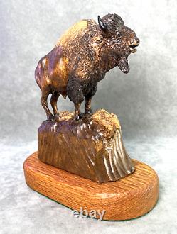 Henry Larum Plains Bison Buffalo Original Carved Wood Sculpture Western Wildlife