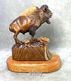 Henry Larum Plains Bison Buffalo Original Carved Wood Sculpture Western Wildlife