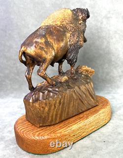 Henry Larum Plains Bison Buffalo Original Carved Wood Sculpture Western Wildlife