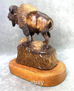 Henry Larum Plains Bison Buffalo Original Carved Wood Sculpture Western Wildlife