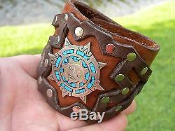 High Quality Bison Leather cuff Bracelet silver inlay Aztec calendar men