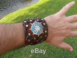 High Quality Bison Leather cuff Bracelet silver inlay Aztec calendar men