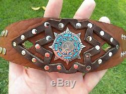 High Quality Bison Leather cuff Bracelet silver inlay Aztec calendar men